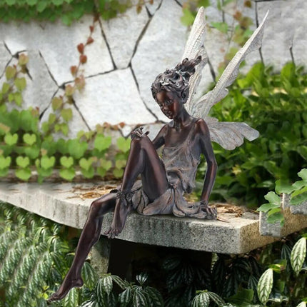 Sitting Fairy Statue Yard Pond Fountain Decorative Fairy with Wing Figurine Lawn Nordic Hand Carving Sculpture Ornament Arts