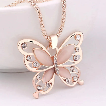 SUMENG 2024 New Necklace Choker Pendent Rose Gold Color Opal Butterfly Pendant Exquisite  Sweater Chain For Women Gifts