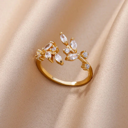 Zircon Leaves Open Rings For Women Gold Color Stainless Steel Leaf Ring Wedding Aesthetic Jewerly Gift anillos mujer