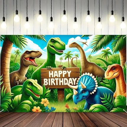 Dinosaur Jungle Birthday Party Backdrop  Polyester Photo Booth Background With Balloons & Flowers, Versatile Indoor