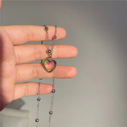 Mood Bracelet Peach Heart Love Pendant Bracelets Temperature Control Color Change Necklace Stainless Steel Chain Jewellery Women