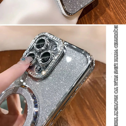 Luxury Diamond Clear Glitter Magsafe Case For iPhone 15 14 13 12 11 Pro Max 15Plus Mirror Magnetic Phone Holder Stand Soft Cover