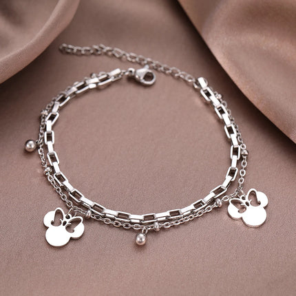 Stainless Steel Bracelets Cute Cartoon Anime Bow Mouse Pendant Bells Beads Layer Chain Bracelet For Women Jewelry Party Gifts