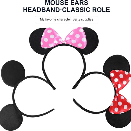 12 pieces of Mickey Minnie ears Pure black and red and pink Disney bow ear headband mouse theme birthday party Gift supplies