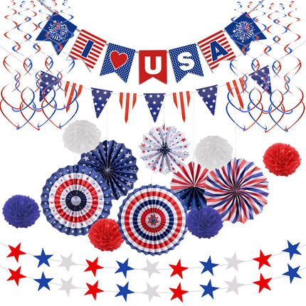 Independence Day Theme Party Banner Spiral Hanger Paper Fans American Flag Garland Patriotic 4th of July Party Background Decor