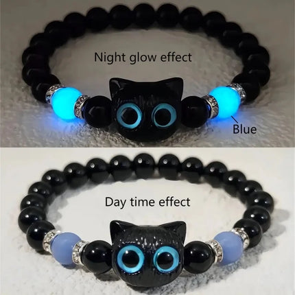 Cute Big Eye Cat Luminous Bracelets For Women Cartoon Animal Pendant Beaded Hand Chain Friendship Couple Bracelet Jewelry Gift