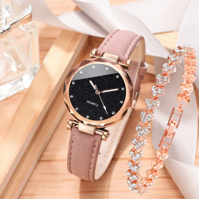 2pcs Luxury Fashion Women Watch Set PU Leather Strap Ladies Quartz Wristwatch Rhinestone RoseGold Alloy Bracelet For Ladies Gift