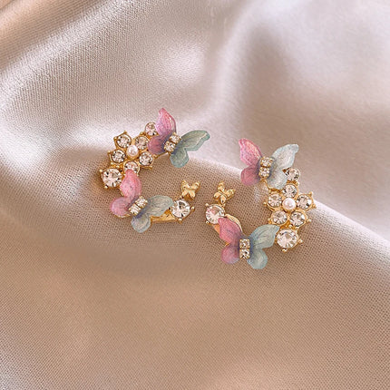 Butterfly Rhinestone Pearl Stud Earrings - Colorful Fashion Jewelry for Women