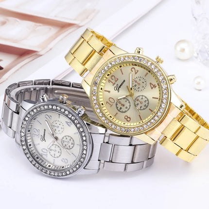 Luxury Quartz Watch Women Business Fashion Casual Round Rhinestone Silver Stainless Steel Strap Wristwatch Relogio Feminino