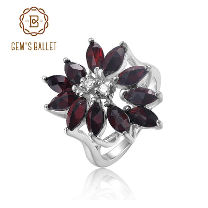 GEM'S BALLET Vintage Cluster Ring Pear Natural Black Garnet Gemstone 925 Sterling Silver Statement Rings for Women