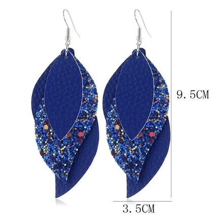 Litchi Layered Leather Drop Earrings with Sequin Detail