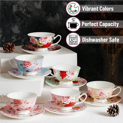 Tea Cups and Saucers Set of 6, Tea Set, Floral Tea Cups (8oz), Cups and Saucers Set,  Porcelain