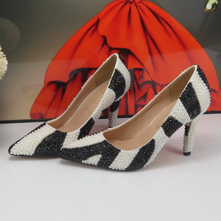 zebra Pearl Bridals Wedding shoes Female Evening Party shoes High Pumps Thin Heel Pointed Toe High Shoes For Woman Shallow