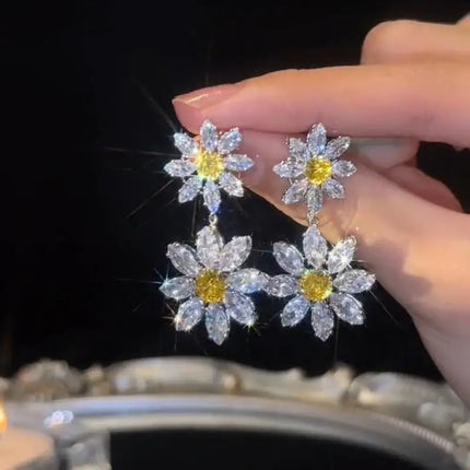 Sparkling Crystal Daisy Drop Earrings For Women Temperament Shiny Zircon Opal Flower Leaves Dangle Earring Party Wedding Jewelry