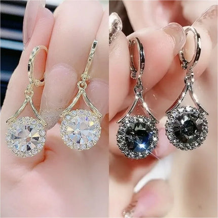 Korean Fashion Grey Round Crystal Zircon Dangle Earrings for Women Elegant Temperament Wedding Party Anniversary Gift Jewelry