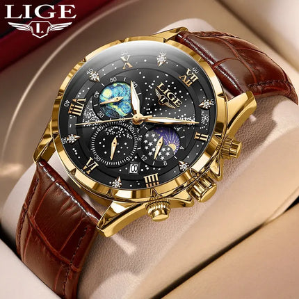 LIGE 2024 Top Luxury Brand Men Genuine Leather Sports Watches Men's Army Military Watch Male Date Quartz Clock Relogio Masculino