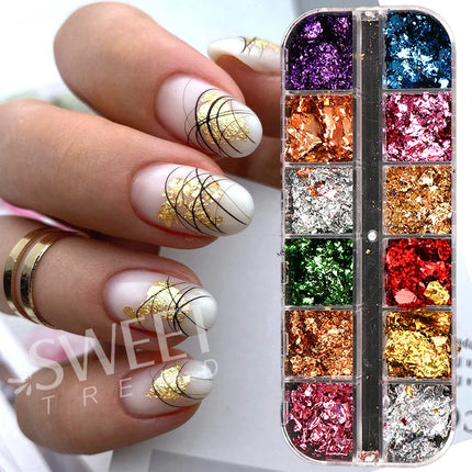 12Grids Holographic Gold Foils Nail Flakes Splendor Leaf Craft Irregular Aluminum Paillette DIY Polish Decoration Glitter LYS45