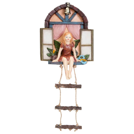 Fairy House Tree Hanging Sculpture Window Fairy Ladder Resin Statue Figurine Outdoor Ornament for Home Garden Yard Art Decor