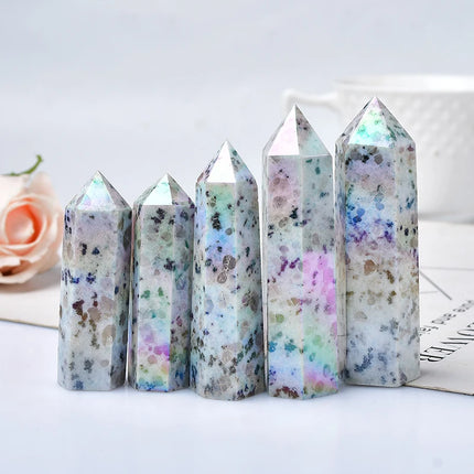 1PC Natural Aura Kiwi Jasper Quartz Crystal Point Wand Healing Stone Meditation Home Decor Reiki Polished Stone Chakra Tower