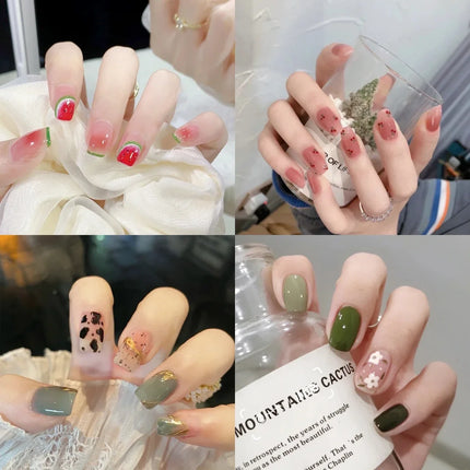 24Pcs/Box 2022 Cute and Playful Frozen Watermelon Women Girls  Nail Art Fake Nails Handmade Coffin Cute Kawaii Press-On Nails