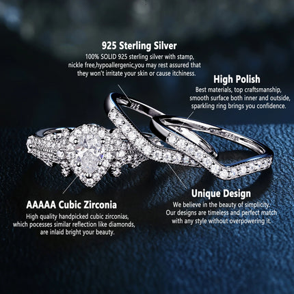 Newshe 3 Pcs 925 Sterling Silver Wedding Rings for Women 1.4 Ct Pear Shape AAAAA CZ Engagement Ring Set Classic Jewelry NR5015