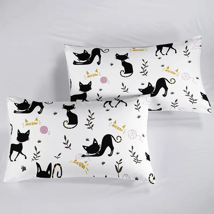 Cartoon Cat Bed Sheet Set,Watercolor Animals Butterfly Cat Fitted Sheet and Pillowcase for Kids Boys Girls Teens Queen Size 3Pcs