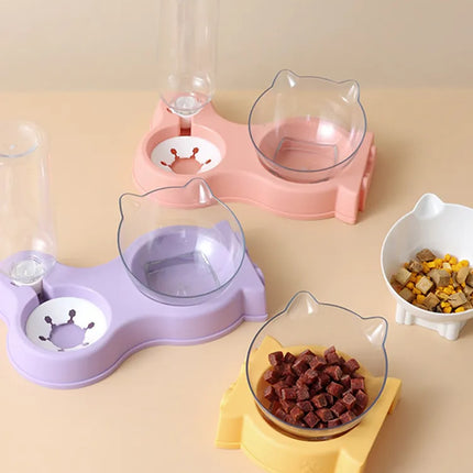 Pet Cat Food Bowl Automatic Feeder All-in-One Splice Dog Cat Food Bowl and Drinking Fountain Drinking Raised Standing Dish Bowl