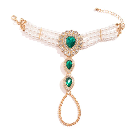 KunJoe  Luxury Green Rhinestone Droplet Connected Finger Chain Bracelet Women Elegant Multi-layer Imitation Pearl Bracelet