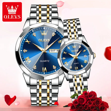 OLEVS Brand Luxury Couple Watches Rhombus Mirror Original Quartz Men and Women Wristwatch Luminous Waterproof Calendar Gift Set