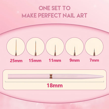 5 Pcs Nail Art Liner Brushes Set Elongated Lines Striping Drawing UV Gel Painting Nail Design Pen Professional Manicure Tool