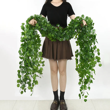 2.1M Artificial Plant Green Ivy Leaf Garland Silk Wall Hanging Vine Home Garden Decoration Wedding Party DIY Fake Wreath Leaves