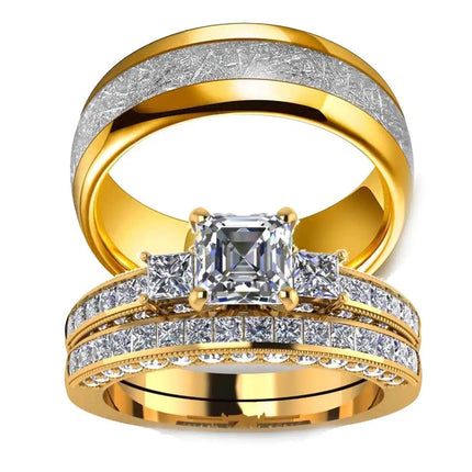 Fashion Couple Rings Vintage Stainless Steel Men Wedding Ring Elegant Square Cut Zircon Ring Set Bridal Engagement Jewelry Gifts